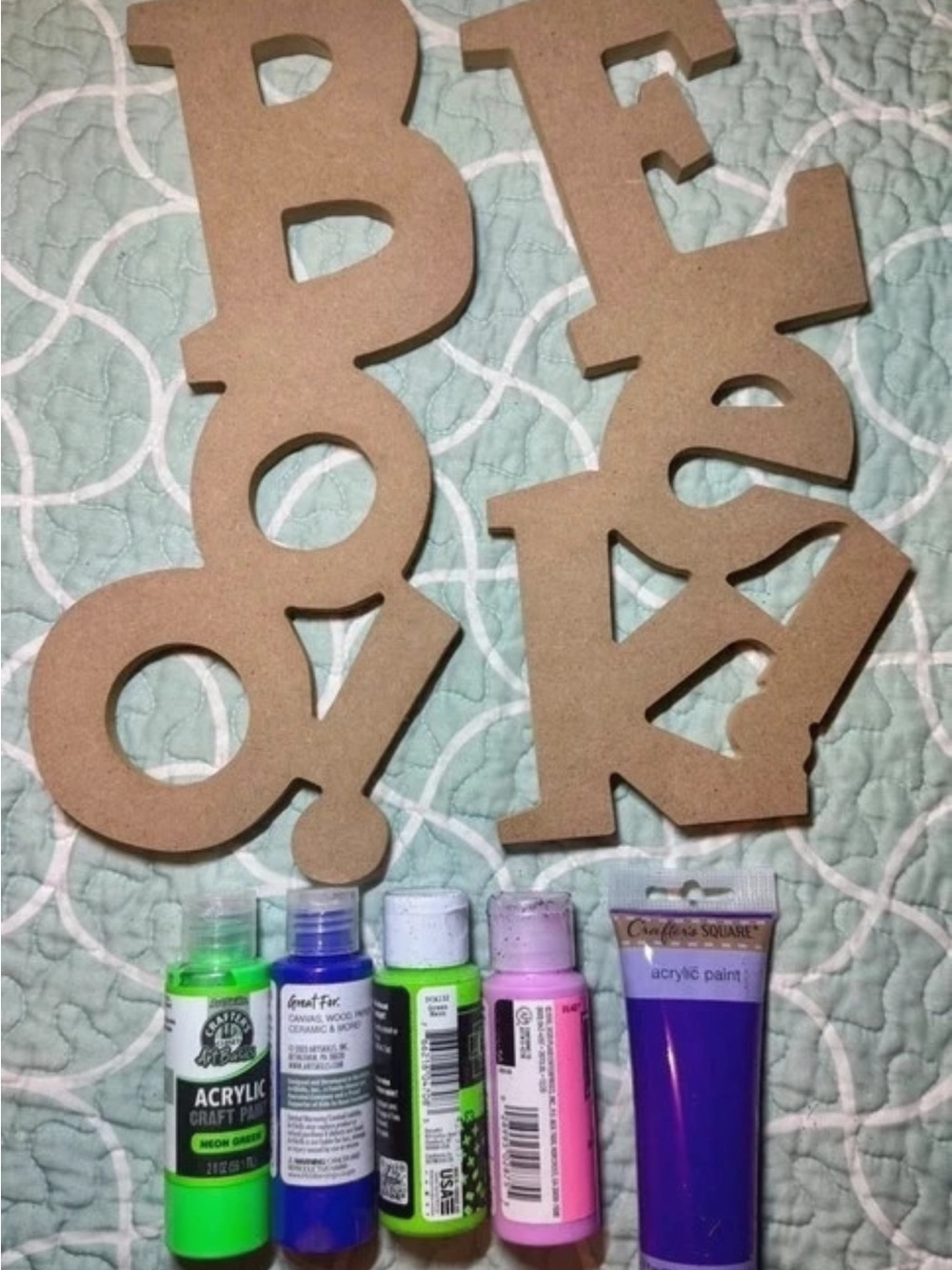 Unfinished Wooden 'Boo' Halloween Letters with Neon Acrylic Paints